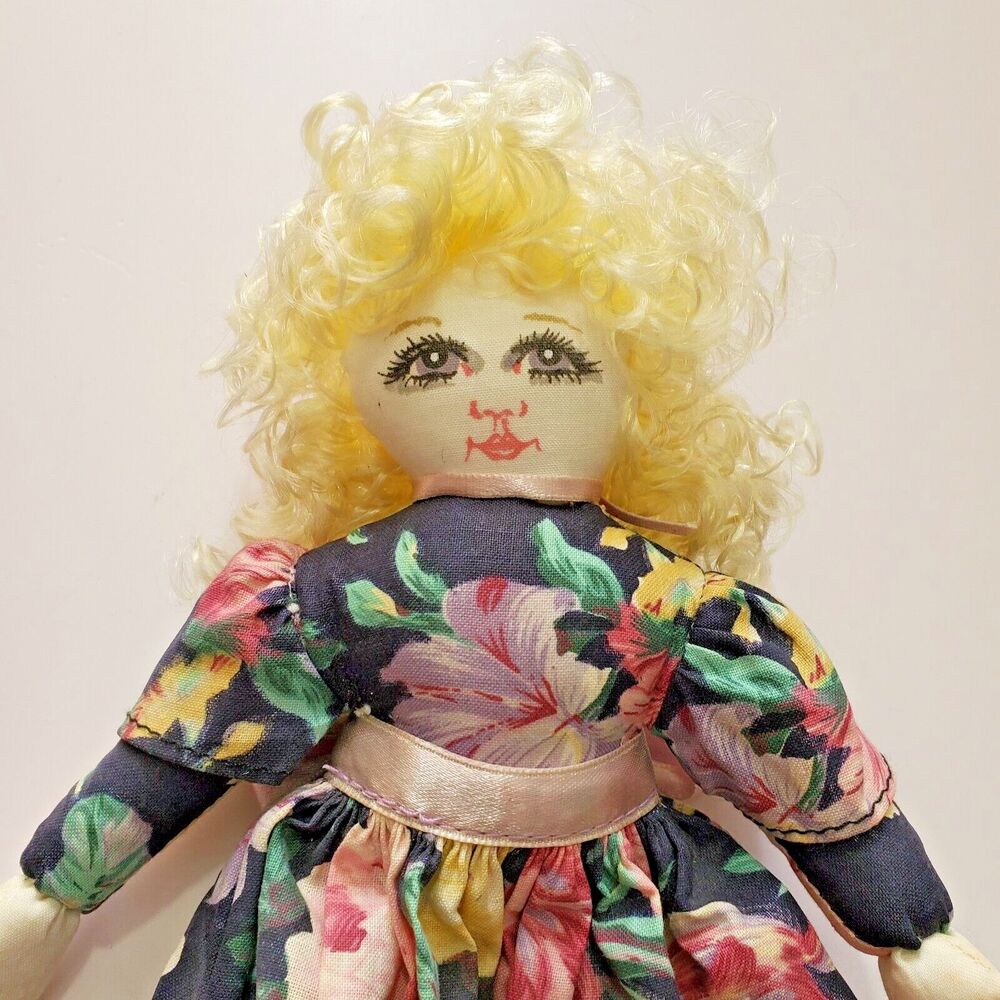 Hamilton Collection Cloth Doll 8" Floral Dress Big Blonde Hair 1991 Vintage Kitc